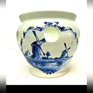 Delft Blue Round Bulb Planter Delftsche Huys Holland Windmills Boats Florals